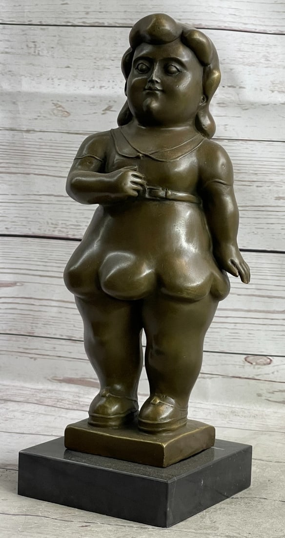 Young Girl Bronze Sculpture on Marble Base: The proportionally embellished young girl is representational of exaggeration of form. The beholder can be immediately drawn to the round and plump shape of the sculpture enough to want to run a hand