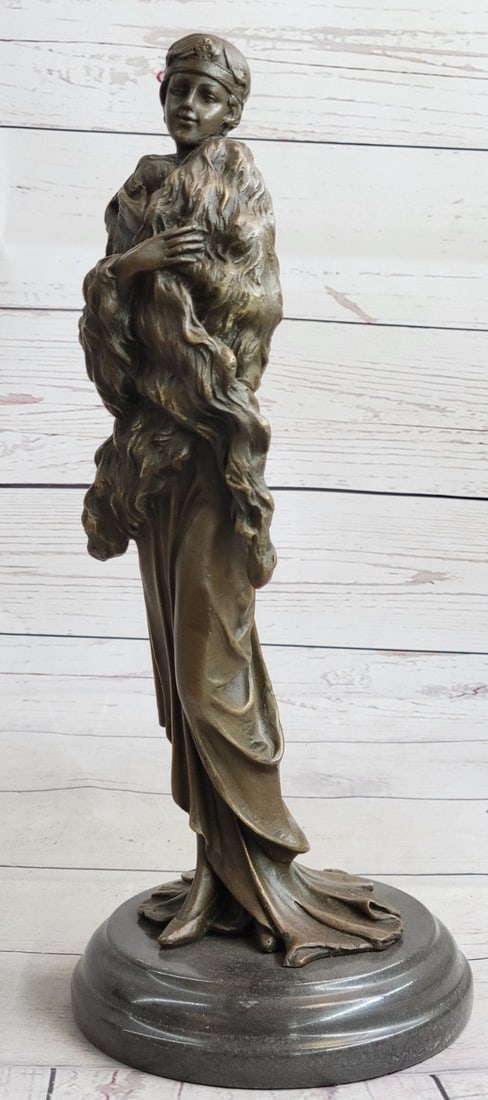 Temptress Bronze Figurine: This typically erotic bronze is very indicative, and the sexy female subject is modeled in an evening gown and draped in a short fur coat, with intricate detail of the hair comb and hairband. This Is