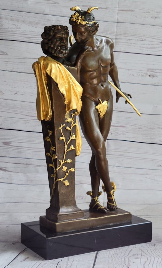 A Secret Nude Mercury Bronze Sculpture: This nude pose reflects that of the statuette itself, possibly indicating that the statue depicts the excavator imagining himself in the original statuette pose. Dimensions: Height 17 X Width 10 inche
