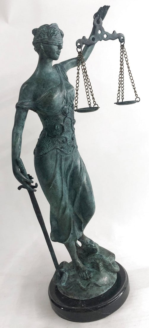 Blind Justice Bronze Sculpture: The Bronze Sculpture of Lady Justice (Roman Goddess of Justice) Who Is the Symbolic Personification of The Moral Force in Judicial Systems. As Anciently Depicted, The Blindfolded Lady Justice, Is Seen