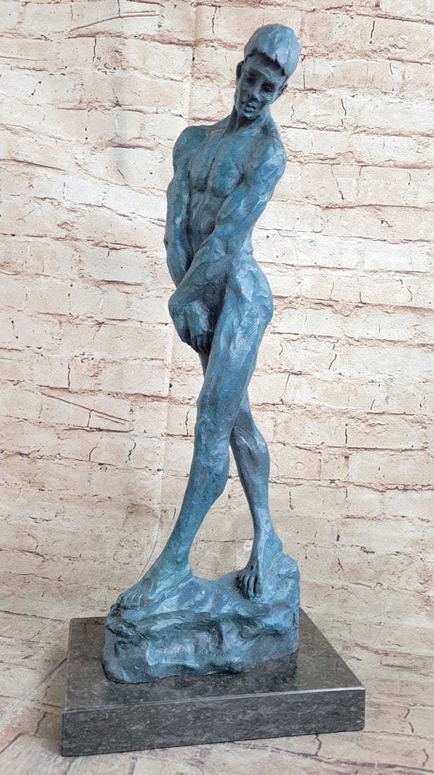 Nude Male Bronze Sculpture: There is a certain dejected vulnerability to the nude man as he walks swaying, his head downcast, as he covers himself with both hands. The sculpture can be depicted in a biblical sense, envisioning A