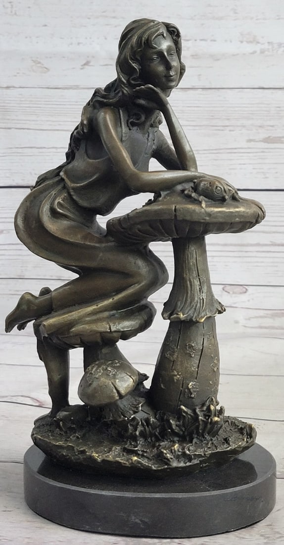 Sitting Young Lady on Mushroom Bronze Sculpture: Beware of cold cast or bonded bronze, these are misleading names given to plastic figurines. This bronze Sculpture Was Captured Using The Archaic Method Of Lost-Wax Casting And Stained With A Brown Pa