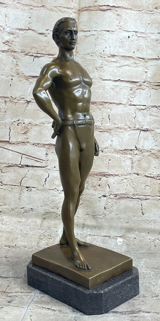 Athletic Roman God Bronze Sculpture: The athletic-looking subject makes an interesting sculpture. Precisely what game, sport, or occupation he is about to participate in. Strong character, evident in facial expression, indicates this man