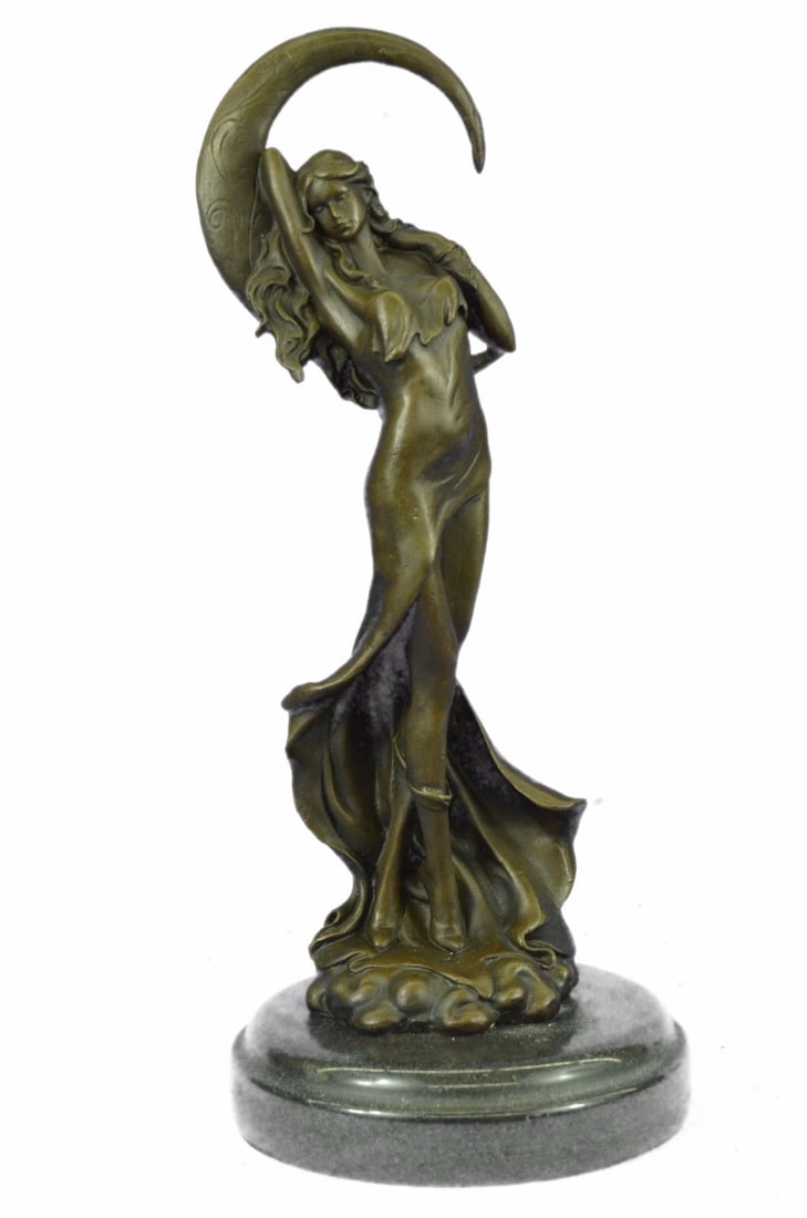 Venus Under the Moon Bronze Sculpture: This bronze sensual woman stands upward, extending her hands behind her head. Her arms wrap around her head in a grasp of fervor. Her furrowed brow and closed eyes signify her unrelenting passion. The