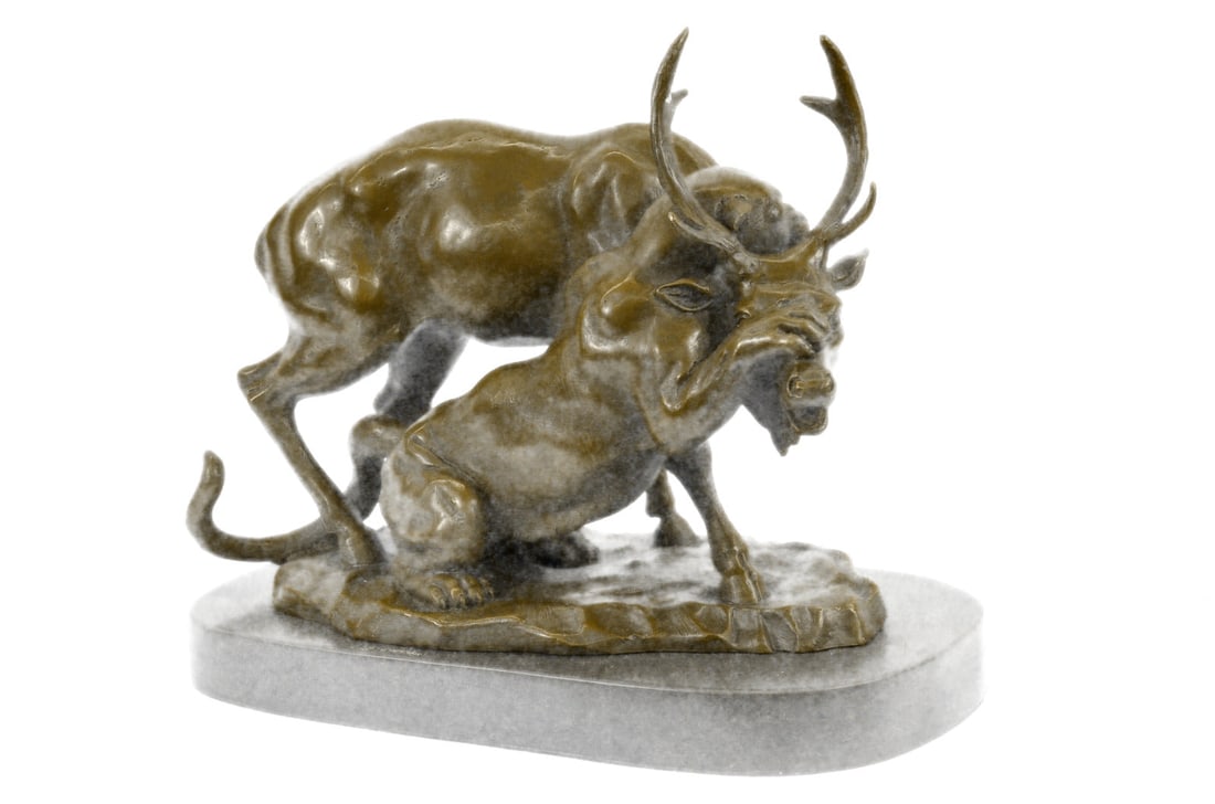 Confrontation Between Lion and Elk Deer Bronze Statue - 2