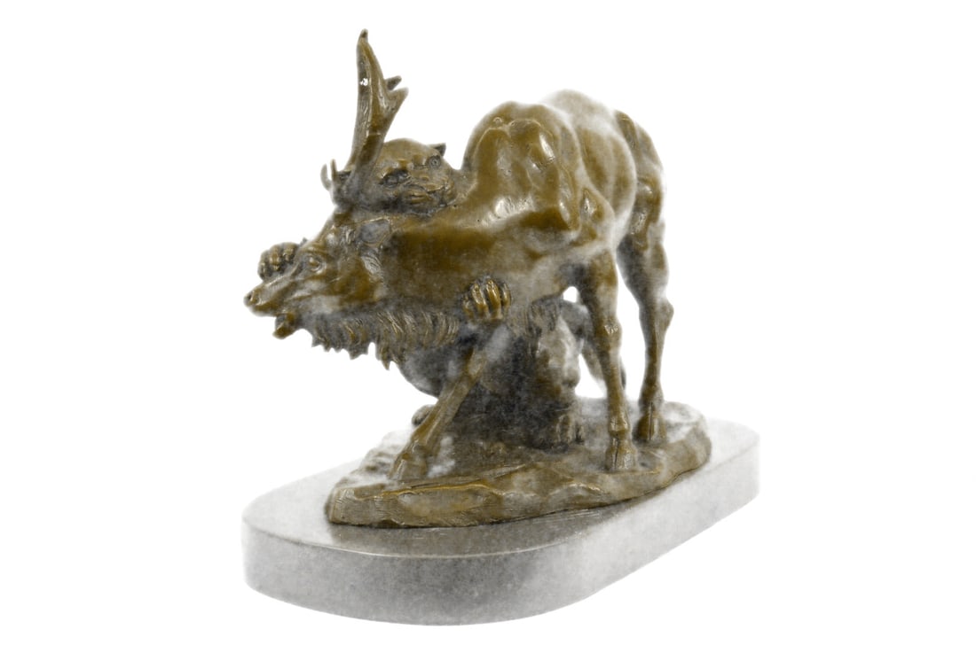 Confrontation Between Lion and Elk Deer Bronze Statue - 3