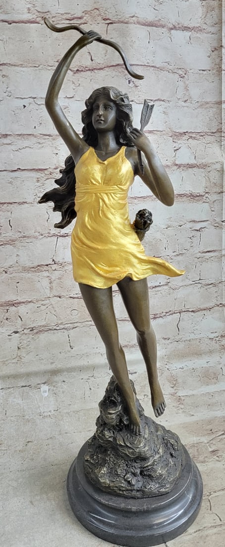 Diana The Hunter Bronze Sculpture: This is a different spin on the adventures of cupid. A young maiden stole his bow and arrows. This curvaceous beauty runs away with his bow and sack of arrows. She holds an arrow in one hand and holds