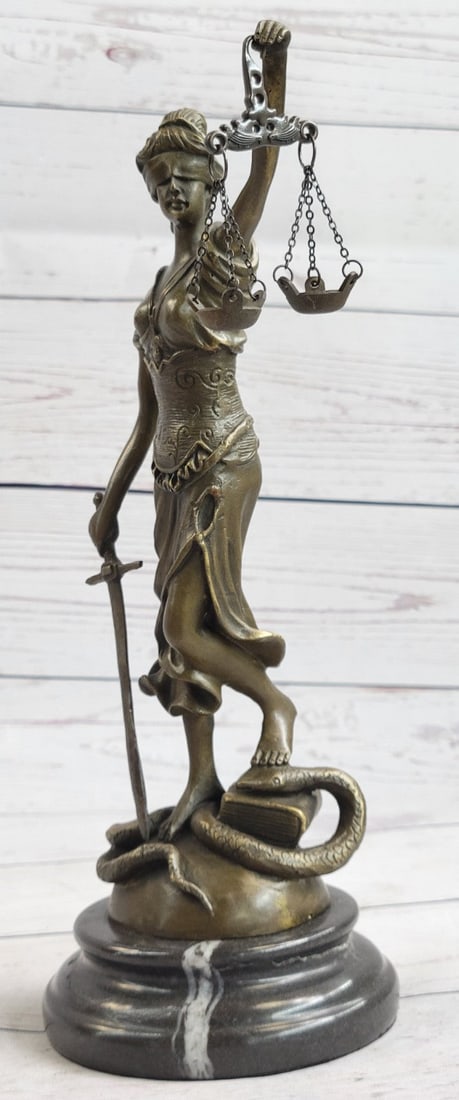 Lady Blind Justice Bronze Statue: Lady Justice and Blind Justice are the names associated with the feminine image Themis, the goddess of Greek Mythology epitomizing the virtue of Justice. She holds the "Sword of Truth" in one hand to