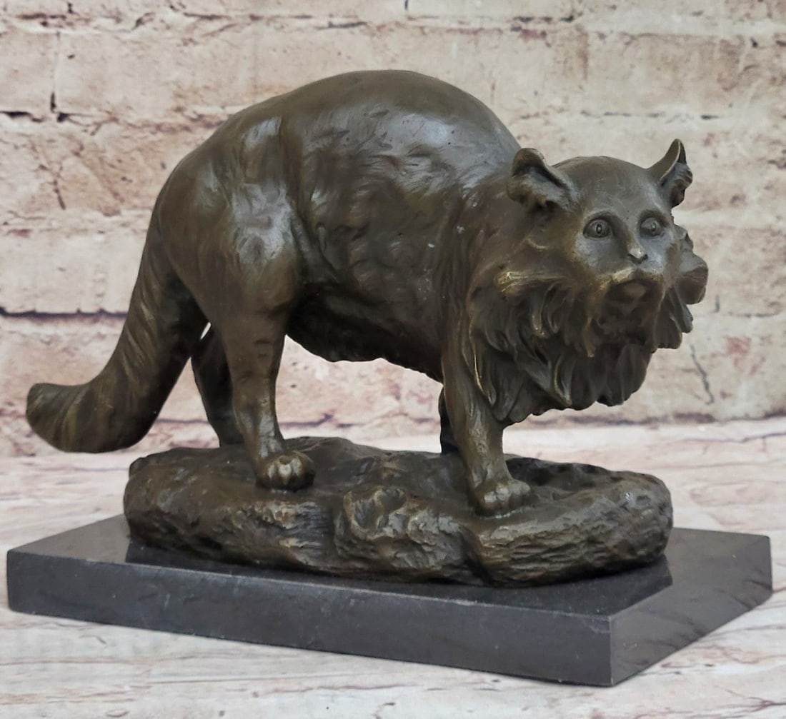 A Persian Cat Bronze Sculpture: The friendly cat sits outside in the twilight of the night after taking a long catnap. It sits with its tail wrapped up around it is back legs as it looks back at it is the owner that calls it in for