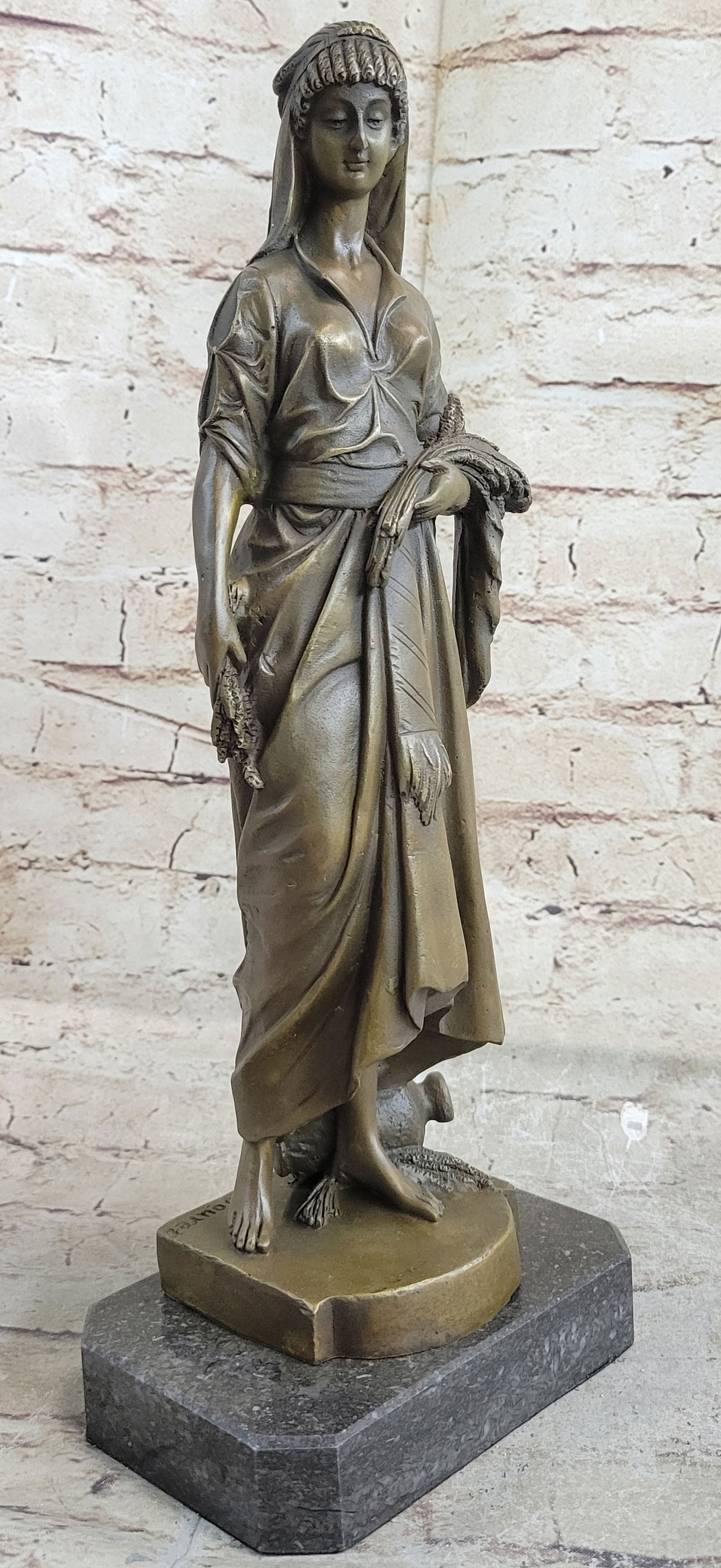 Young Woman with a Bundle of Wheat Bronze Sculpture: This Bronze Sculpture will go beautifully put in any room of the house or as a gift. The quality of this refined art is rarely found in re-casted Bronzes. This Sculpture was cast using the Lost Wax Me