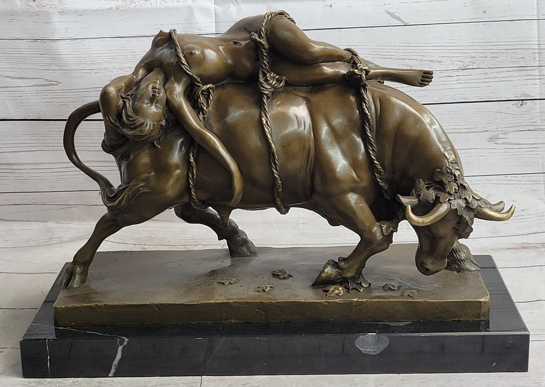 Nude - Bull Bronze Statue: This bronze rendition captures the classic tale of the abduction of Europa by Zeus disguised as a bull. In Greek mythology, Europa was a Phoenician woman of archaic, high kin. The story of her abducti