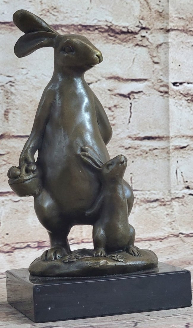 Easter Bunny and Baby Bronze Sculpture on Marble Base Figurine: This adorable sculpture shows the relationship between parent and child. Even animals have the natural instinct to love and nature their children. The baby bunny is so small in comparison to his mothe
