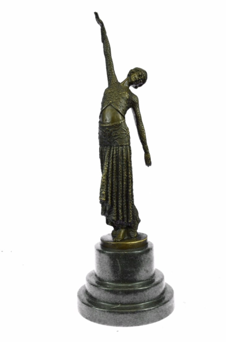 Egyptian Dancer Bronze Sculpture: With grace, agility, and flexibility, this Chiparus gypsy performs for an entranced crowd. She stands center stage. Her body moves fluidly and her arms stretch elegantly, one extending to the sky and