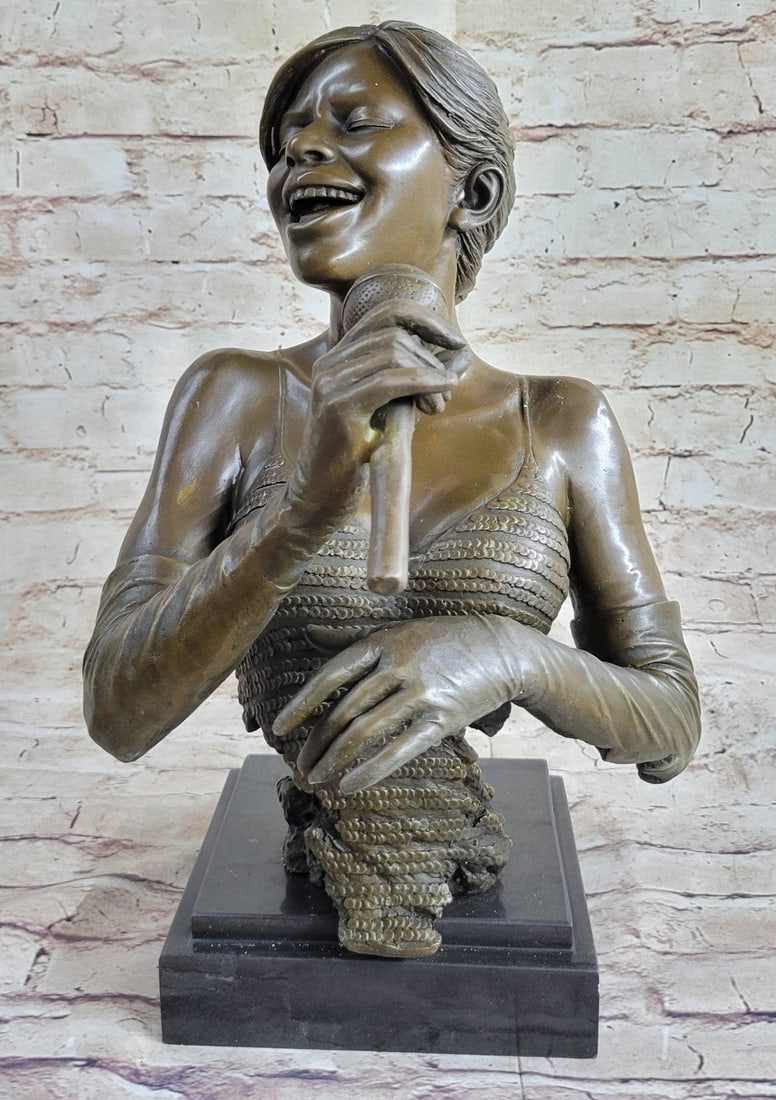 Jazz Band Girl Singer with Microphone Bronze Statue: This gorgeous Figural Decoration of Bust of a Black Female singer figurine has the finest details and highest quality you will find anywhere! The craftsmanship of this lovely singer Figurine is truly