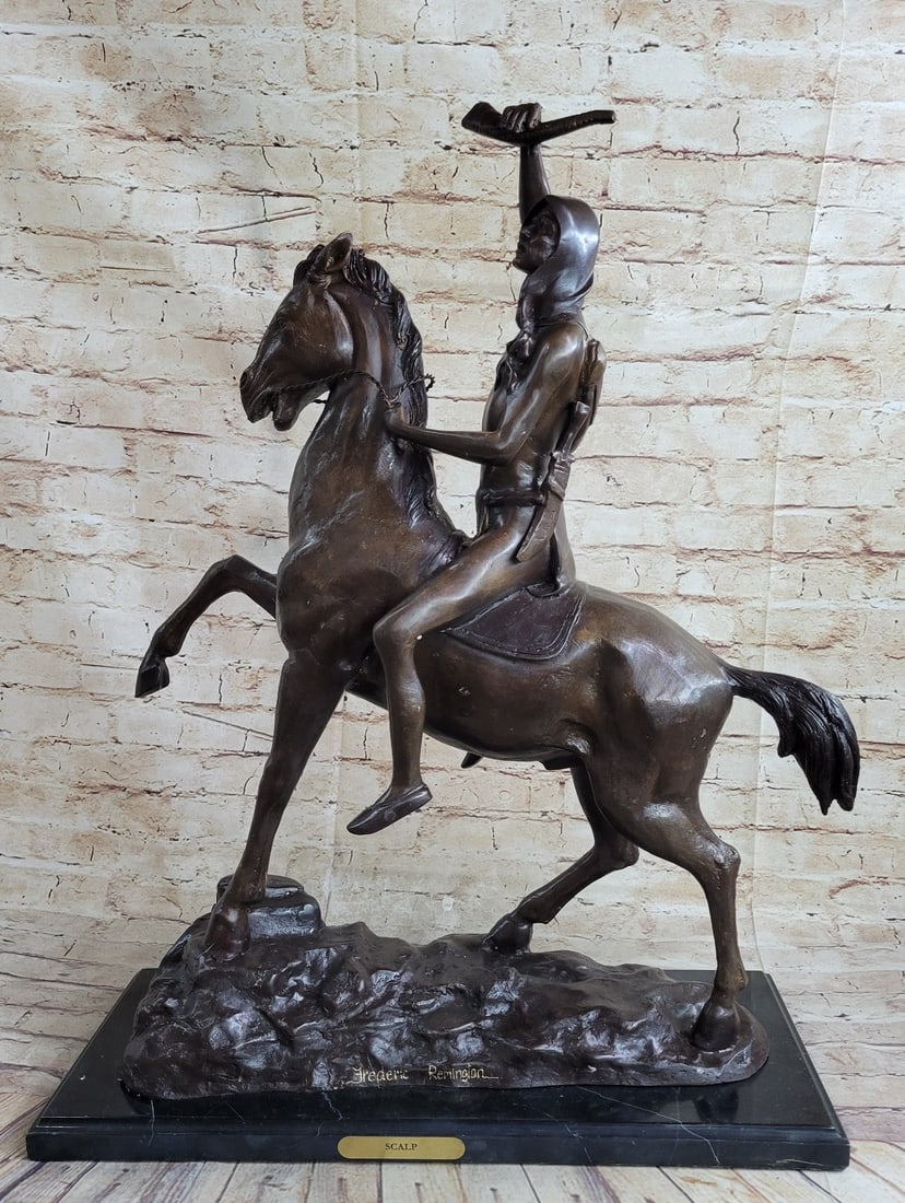 Scalp Bronze Sculpture: Proud, resilient, strong, and a fierce warrior, this Native American watches over his land and tribe. Great attention to detail was paid to his clothing. Most Indian men did not use shirts, but he wea