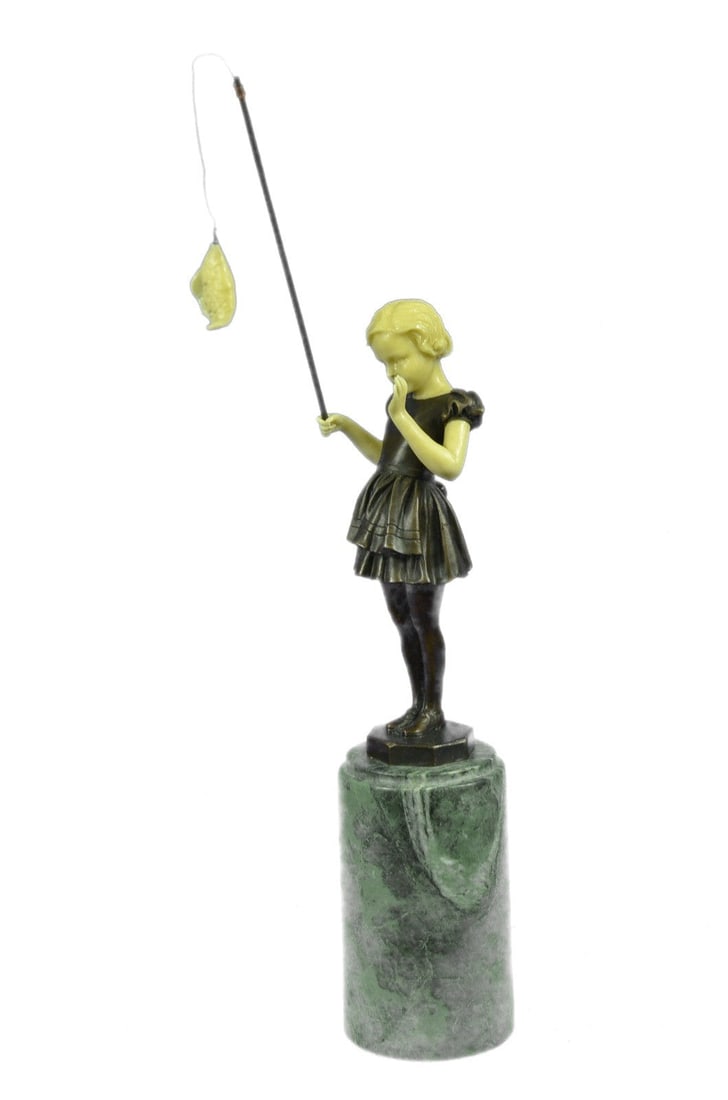 Little Girl Fishing Bronze Sculpture: This adorable little girl stands beautifully in her cute little dress that has ruffles on her sleeves and on the skirt of the dress. She has the cutest soft curls and a graceful smile on her face. She