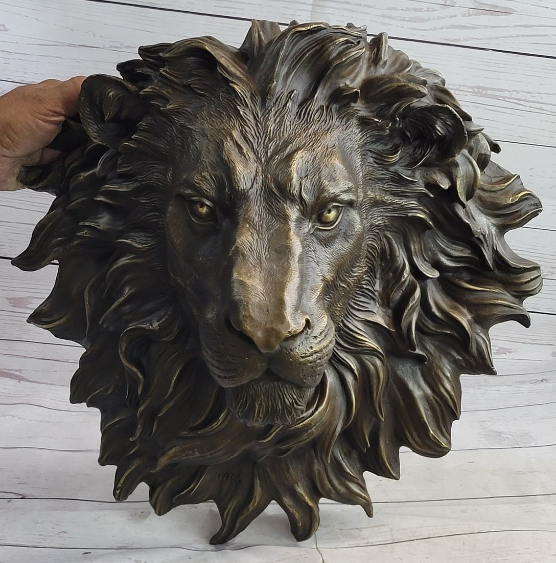 Wall Mount Lion Head Bust Bronze Statue (1 of 9)
