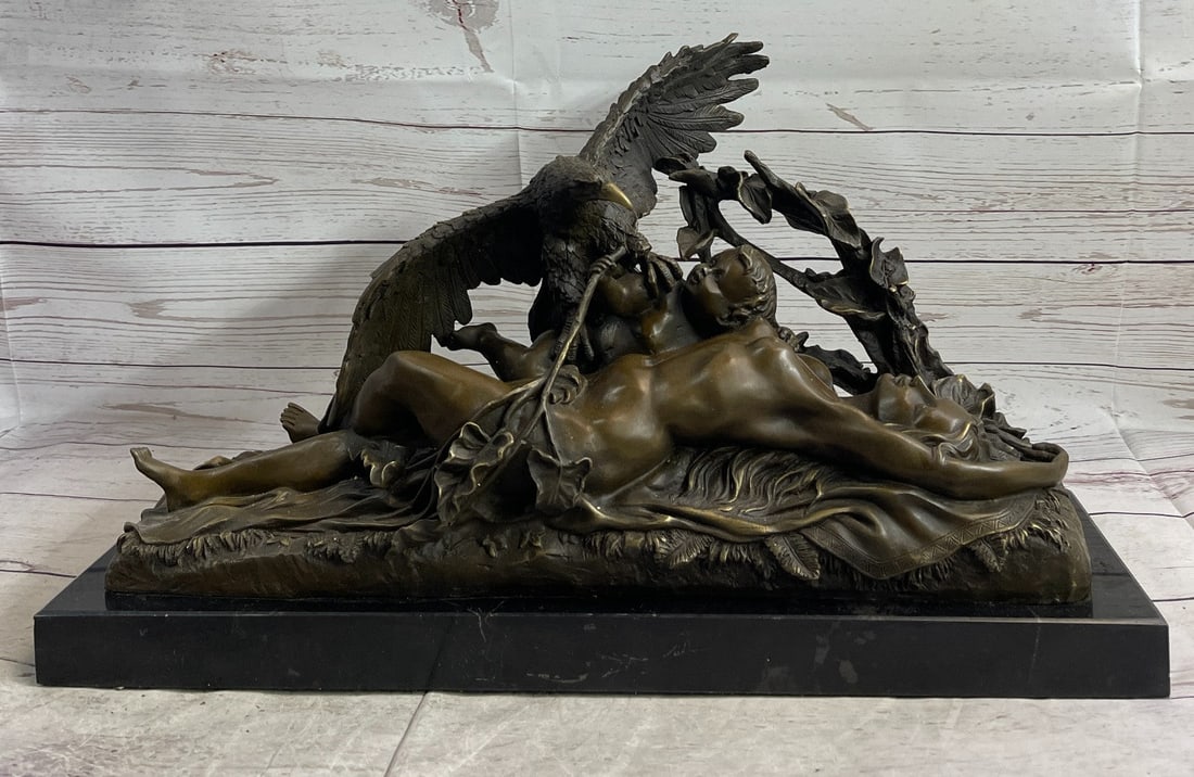 Greek Nude Belle Girl Eagle Bronze Sculpture: She lies deep in the middle of the forest with her child in her arms. She lies on a blanket that she has spread out. She is not scared or intimidated by being nude. She is dryad and she is in her safe