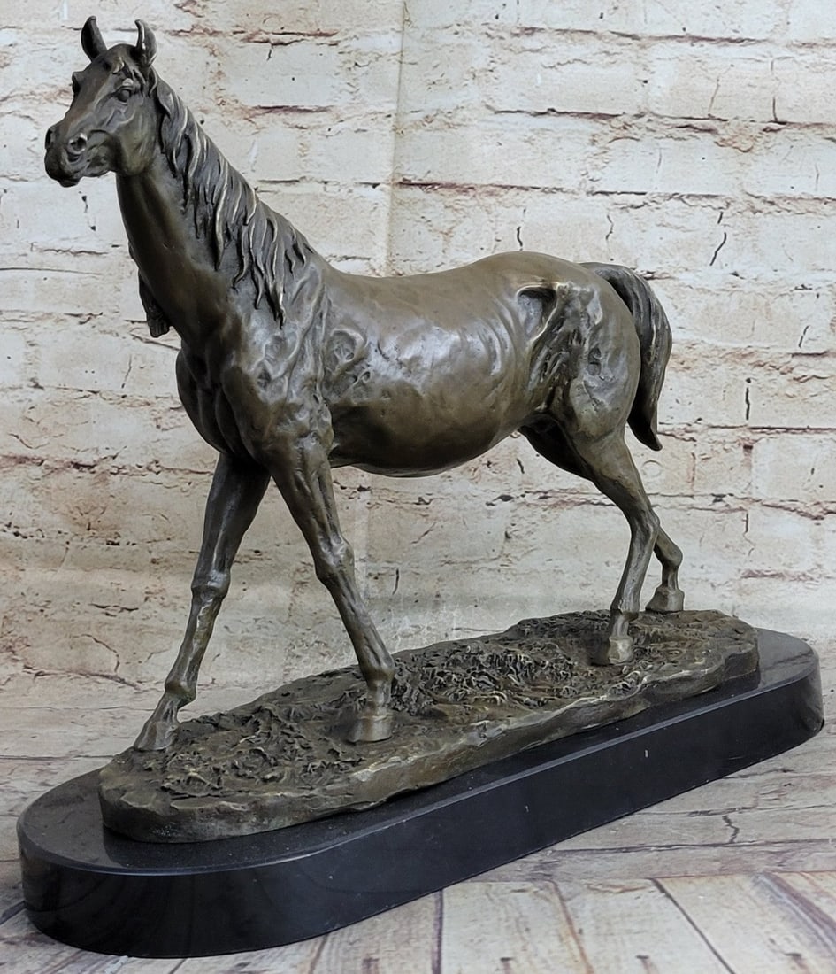 Stallion Racing Horse Trophy Bronze Sculpture: This gorgeous mare takes a stroll through the luscious green fields and enjoys the sunny spring day. She is a full-bodied girl and her mane is long and flowing. Her Body is muscular and thick. She rai
