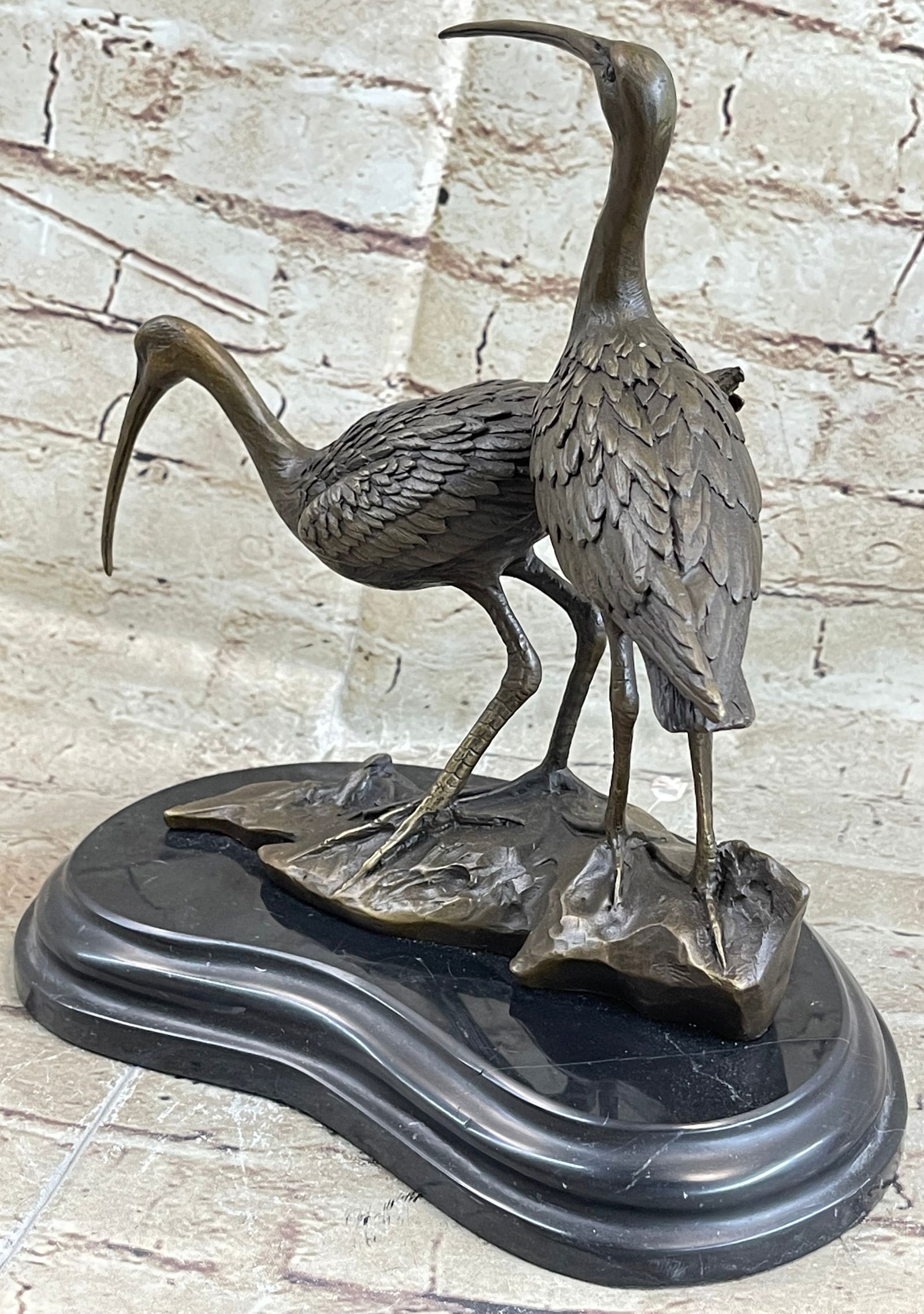 Two Wildlife Cranes Pond Bronze Sculpture - 3