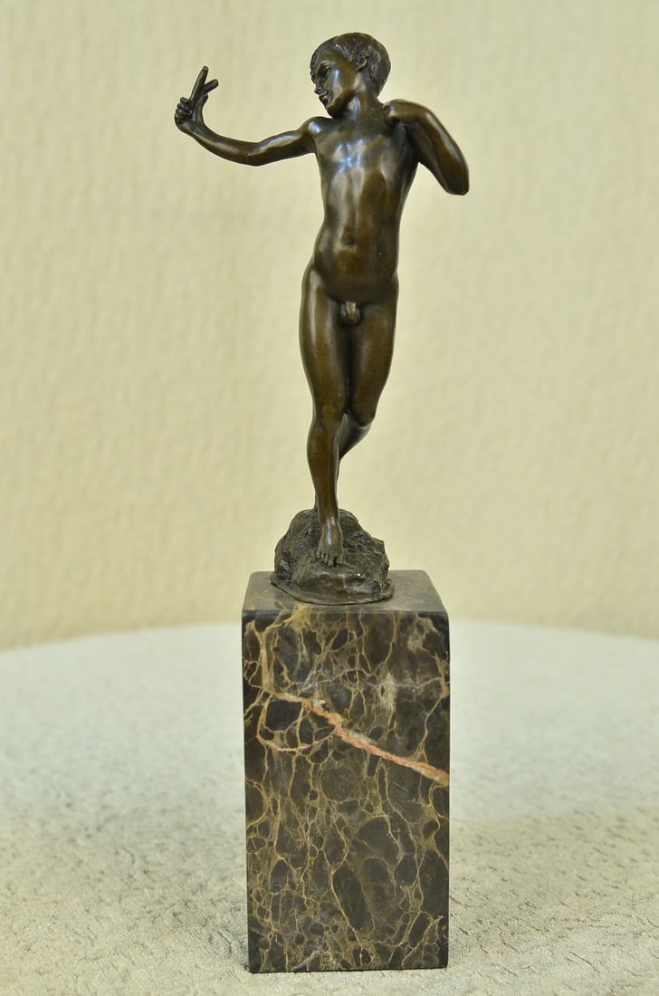 Austrian Boy Vienna Bronze Statue: He shows off his masculine, muscular body. He crouches low and stretches his arms out before him. He claps his hands tightly and bows his head in a tucked position. The detail of this Sculpture is in