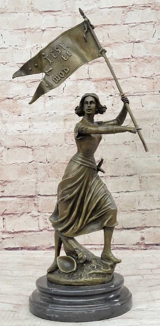 Roman Warrior Standing with Flag Bronze Sculpture: The Maid of Orléans Roman Catholic saint. This bronze sculpture was created by using the Lost Wax Method and mounted on a marble base. Bronze Dimensions with Marble Base: Height 18 X Width 8 inches.