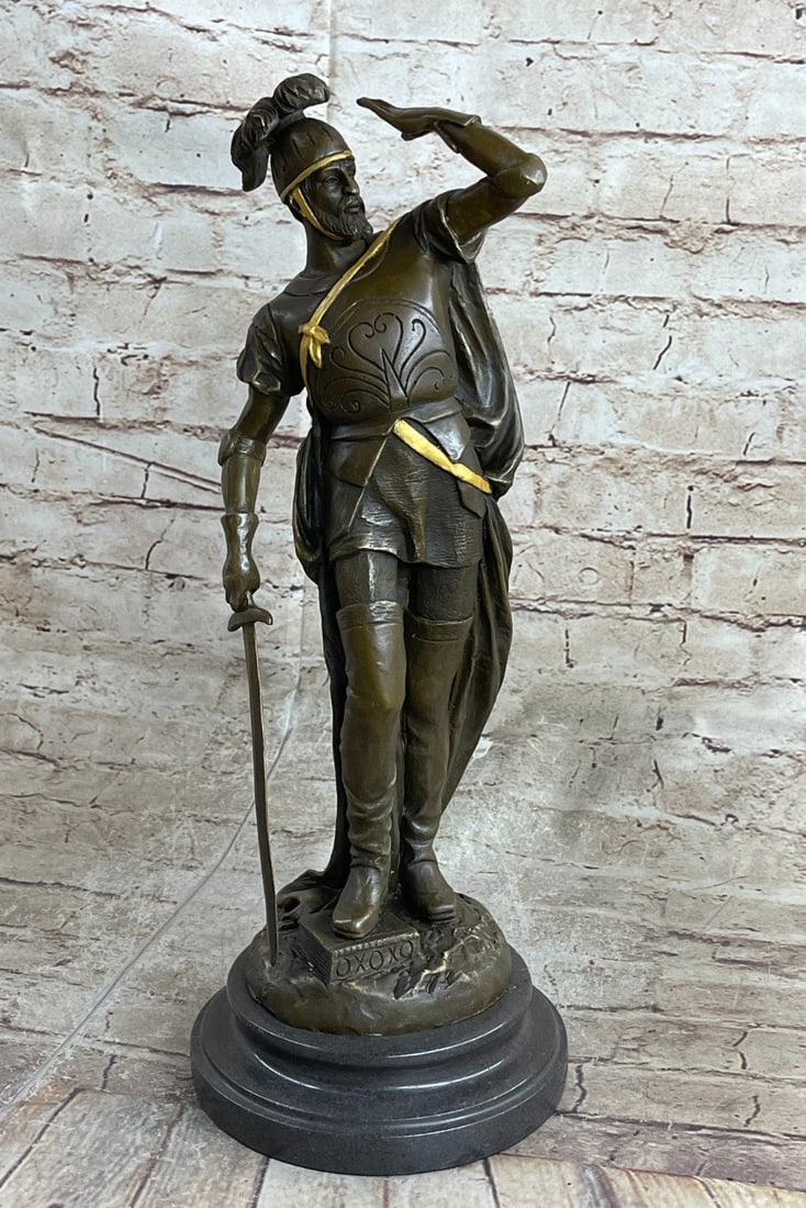 Roman Legion Soldier Bronze Sculpture: The Roman legion soldier stands looking to the horizon of a scarred battlefield. He is wearing some of the soldier's regalia. Atop his head, he wears a galea, which is a soldier's hat. Down his back f