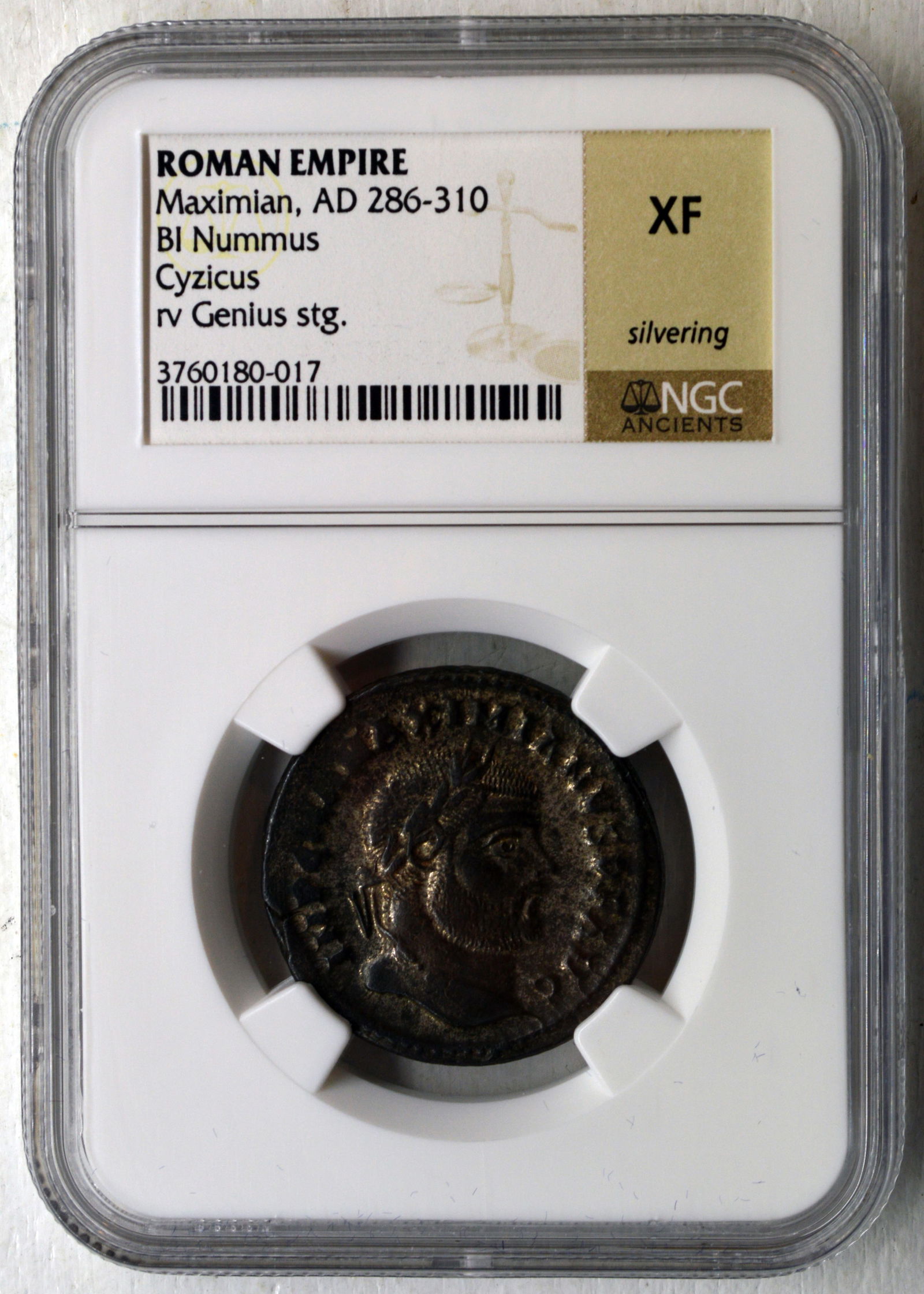 Roman Empire Maximian, AD 286-310 BI Nummus Cyzicus rv Cenlus stg: Roman Empire Maximian, AD 286-310 BI Nummus Cyzicus rv Cenlus stg. NGC XF.