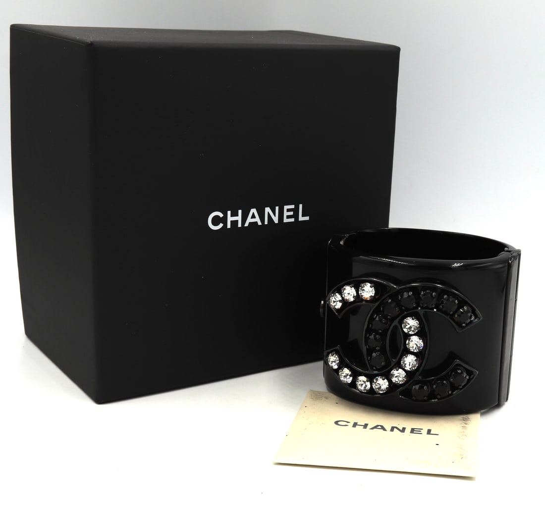 Chanel black Resin crystal CC wide cuff bracelet (1 of 8)