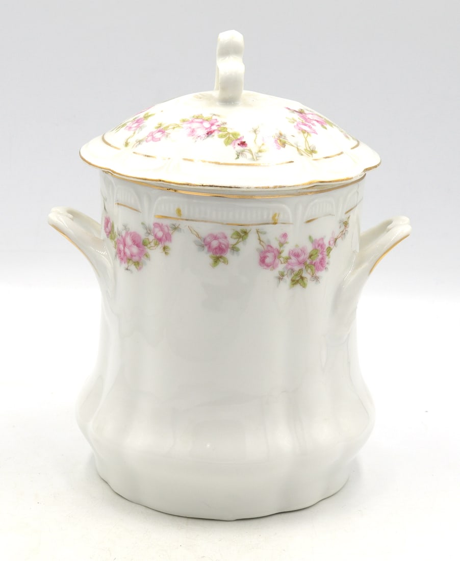 Vintage pink rose border cracker jar: Vintage pink rose border cracker jar with lid gold gilt Germany. 5.75" H