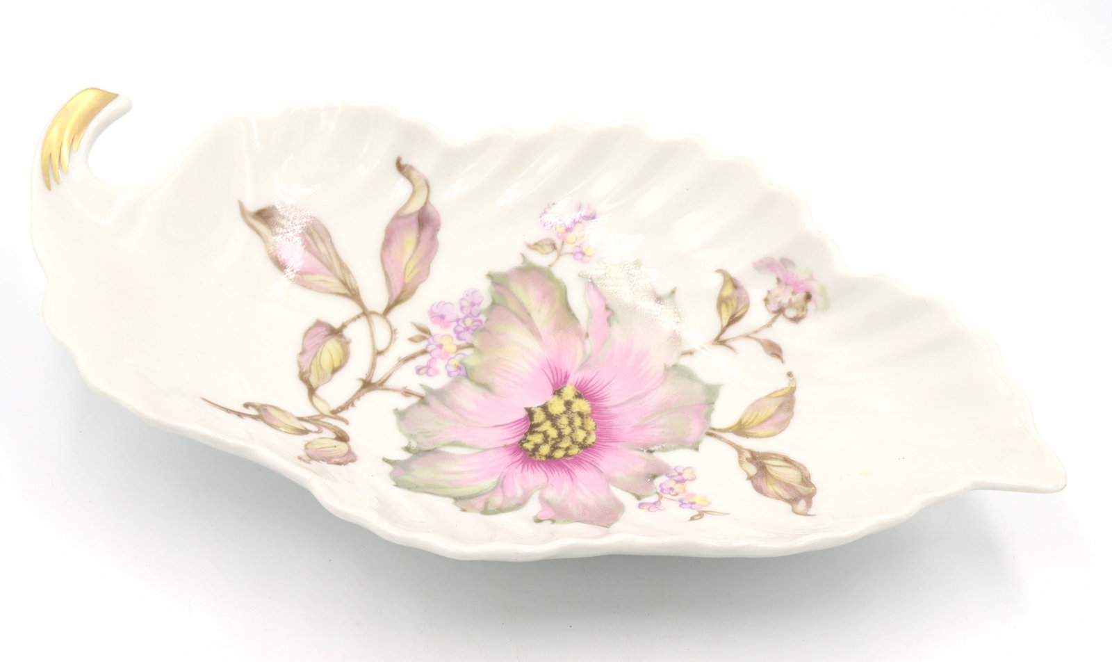 Vintage Mitterteich Bavaria Germany white porcelain leaf shaped dish: Vintage Mitterteich Bavaria Germany white porcelain pink flowers leaf shaped dish signed. 8 inches Long.