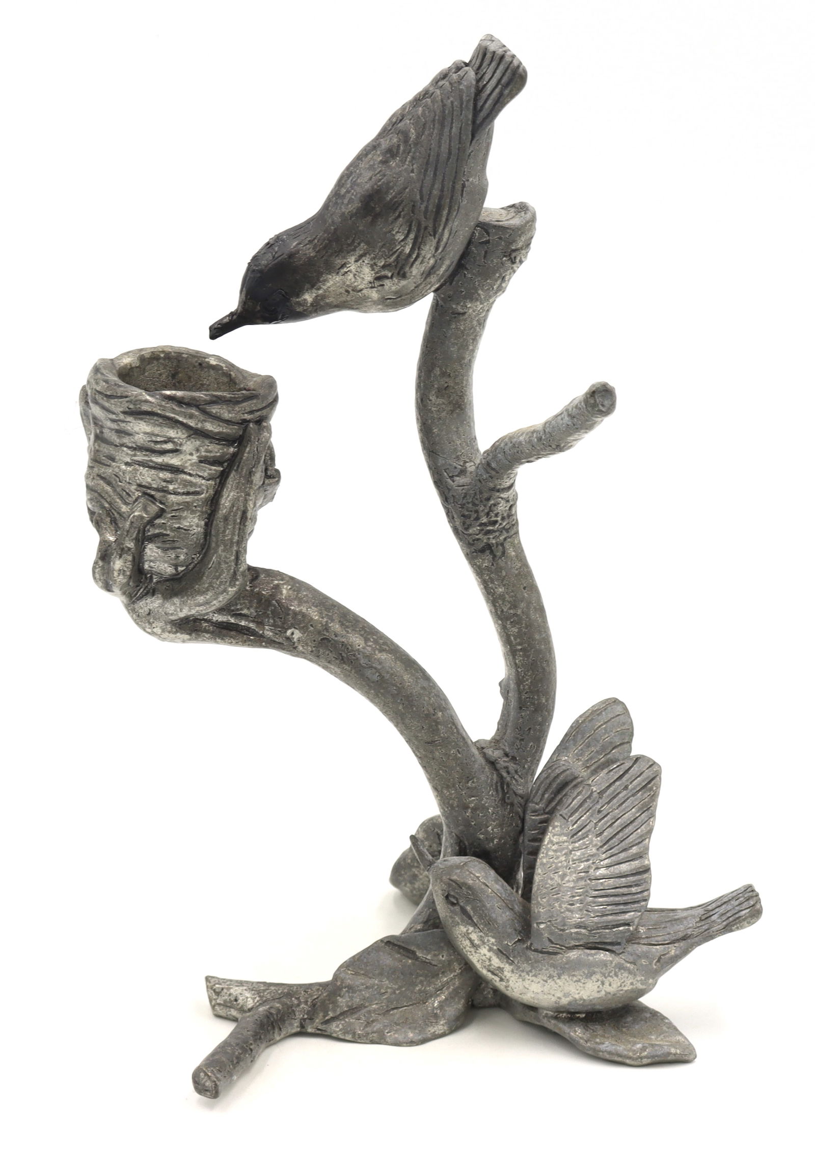 Signed Pewter silver taper dinner candle holder: Signed 1992 Seagull Canada Pewter silver taper dinner candle holder candlestick birds. 6 inches tall.