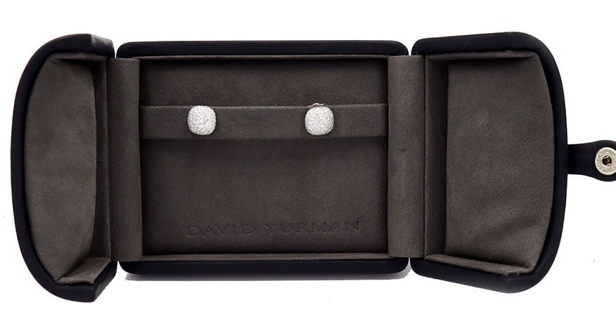 David Yurman 1.35ctw Pave Diamond Cushion Stud Earrings in 18K W/Box: David Yurman 1.35ctw Pave Diamond Cushion Stud Earrings in 18K white gold. Diamonds Carat Weight: Approx. 1.35ctw. Earring Dimensions: Approx. 9.7 X 9.7 MM. Weight: Approx. 4.20 Grams. Stamped: DY, 75