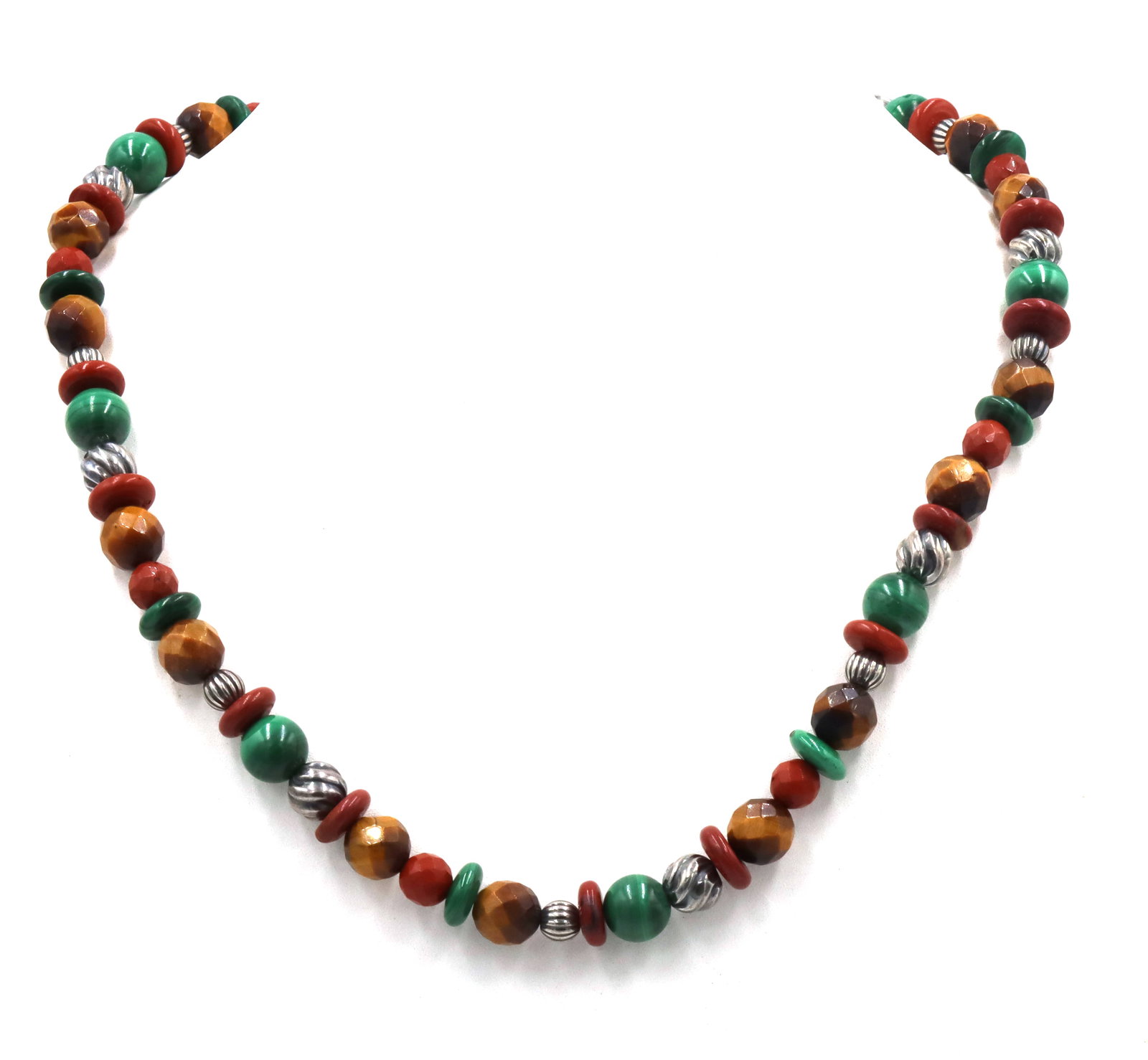 Multi color gemstone necklace with silver clasp: Multi color Jade, Tiger eye and coral gemstone adjustable 20-inch necklace with 925 sterling silver clasp. The total weight of the necklace is 37.9 grams.
