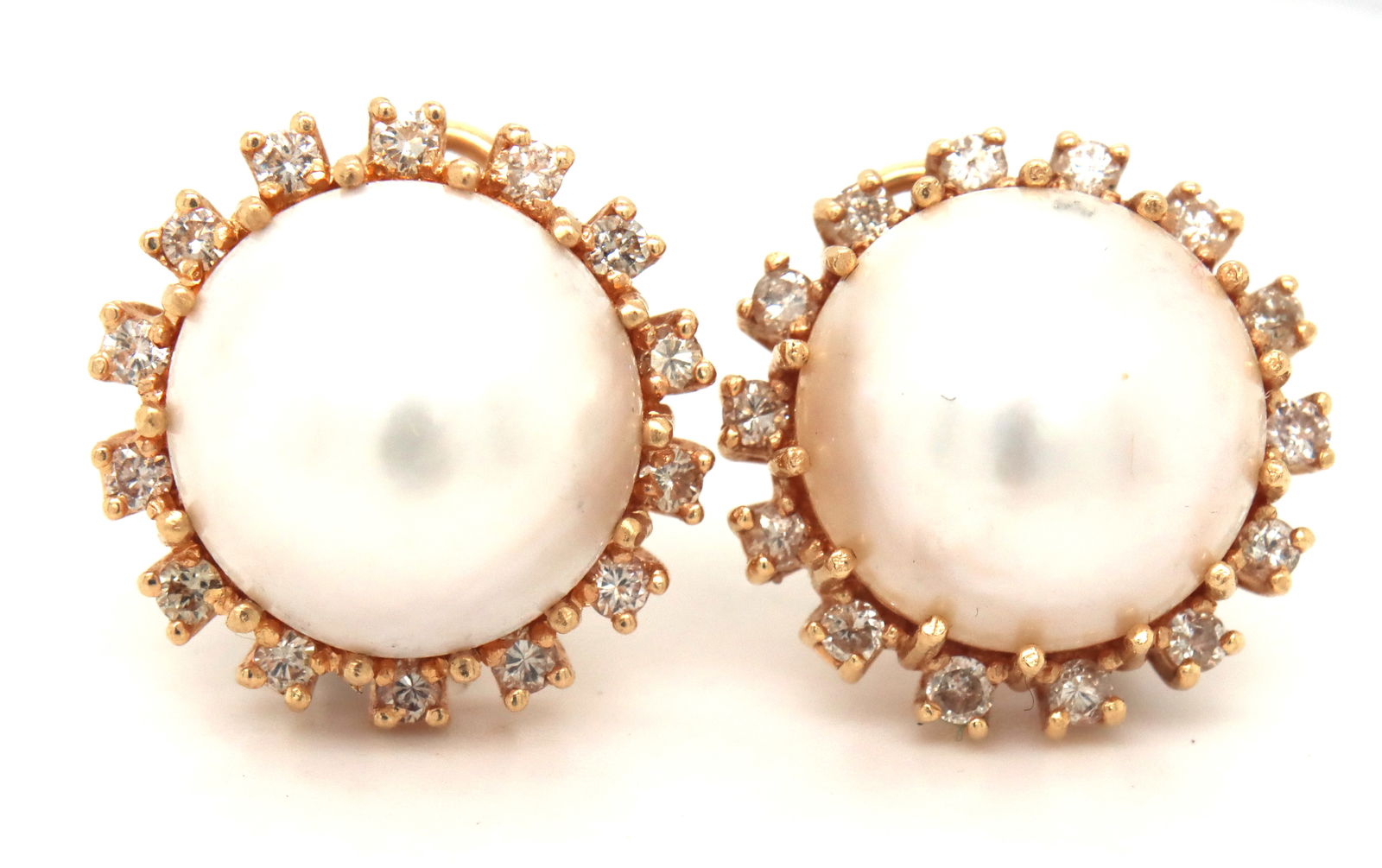 14kt Yellow gold white fresh water button earrings with diamonds (1 of 3)