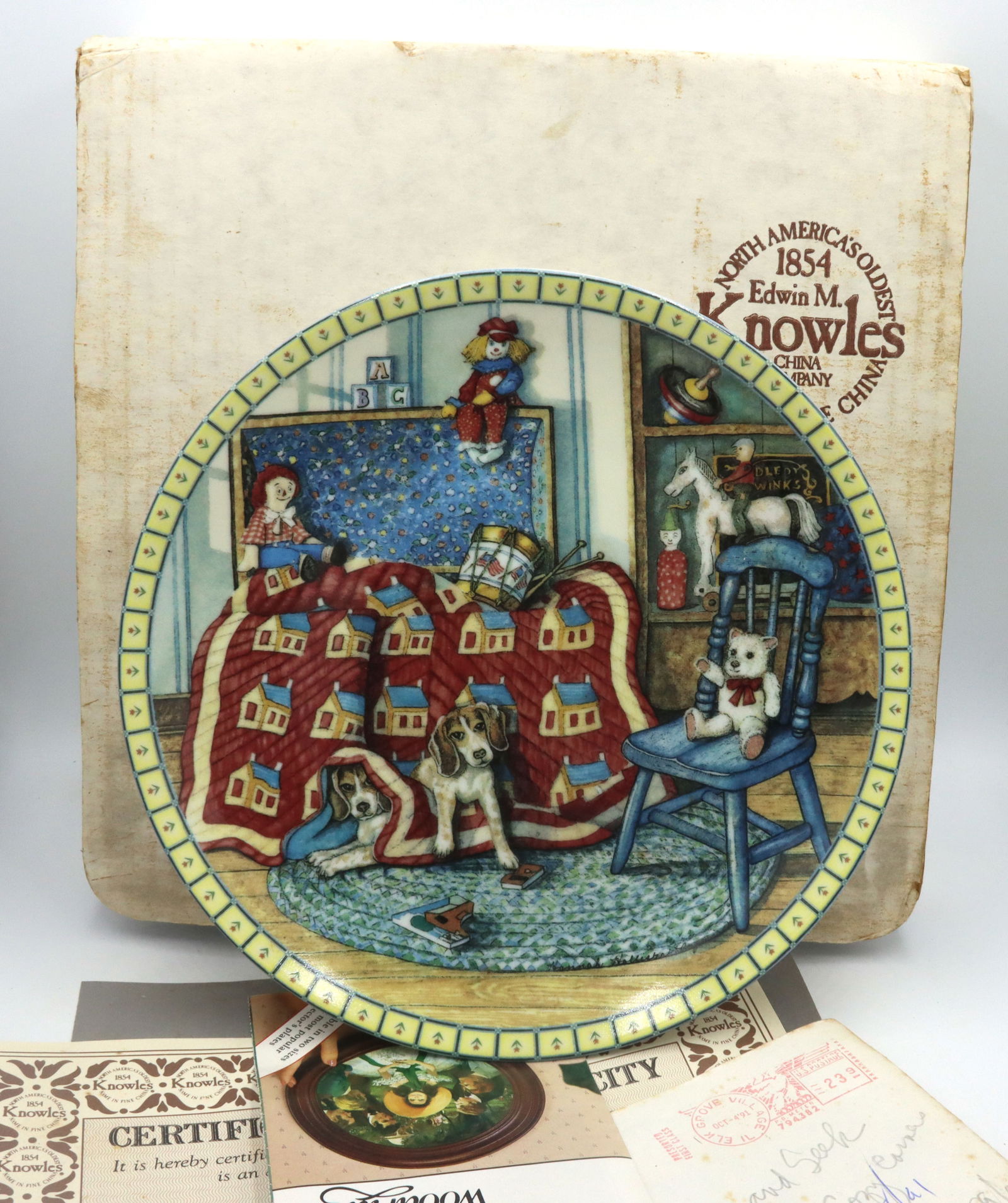 1991 Edwin M Knowles cozy county corners hide and seek dog plate: 1991 Edwin M Knowles by Hannah Hollister Ingmire sixth issue in the cozy county corners hide and seek dog plate. Limited edition. Plate number 9280A. 8 1/2". Comes with box and paper.