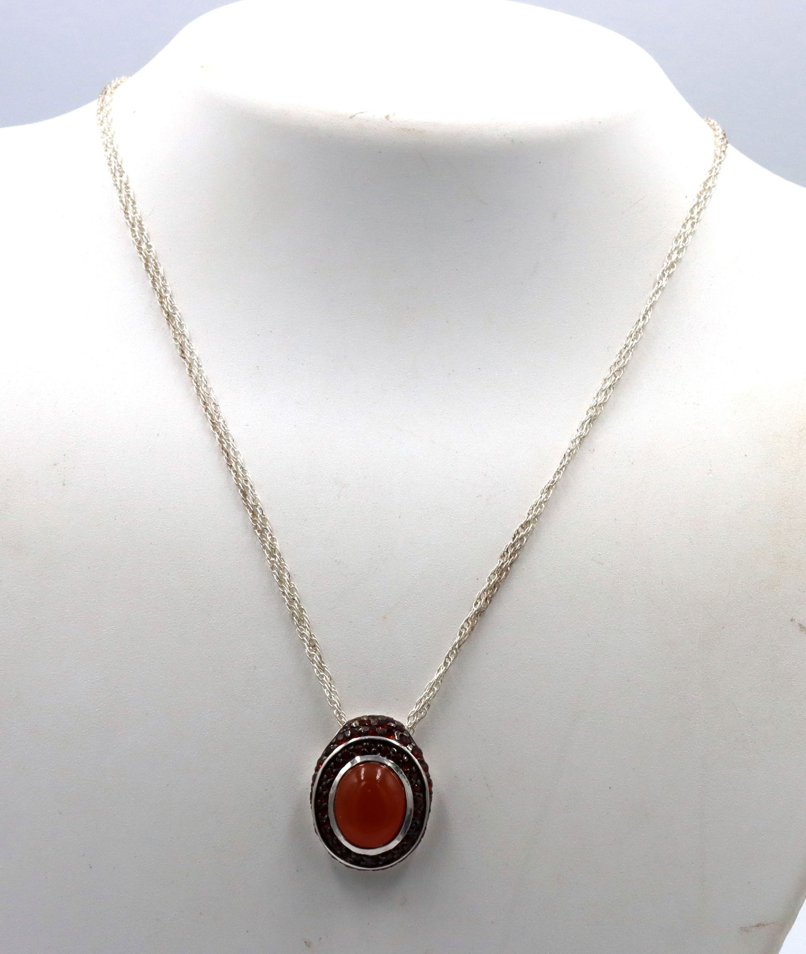 925 Sterling silver signed orange Jade pendant on double chain necklace (1 of 5)