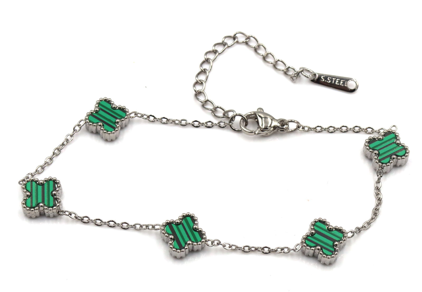 Malachite stainless steel adjustable bracelet: Malachite stainless steel adjustable 7-9 inch bracelet. The total weight of the bracelet is 4.9 grams.