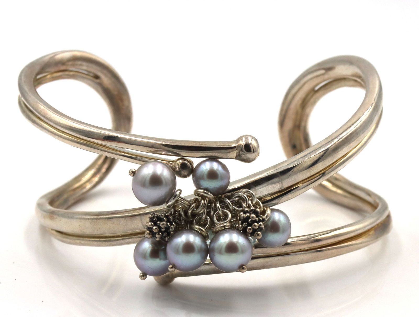 925 Sterling Silver Michael Dawkins Pearl & Blue Topaz Cuff Bracelet: 925 Sterling Silver Michael Dawkins Pearl & Blue Topaz Openwork Cuff bracelet. 65.2 Grams