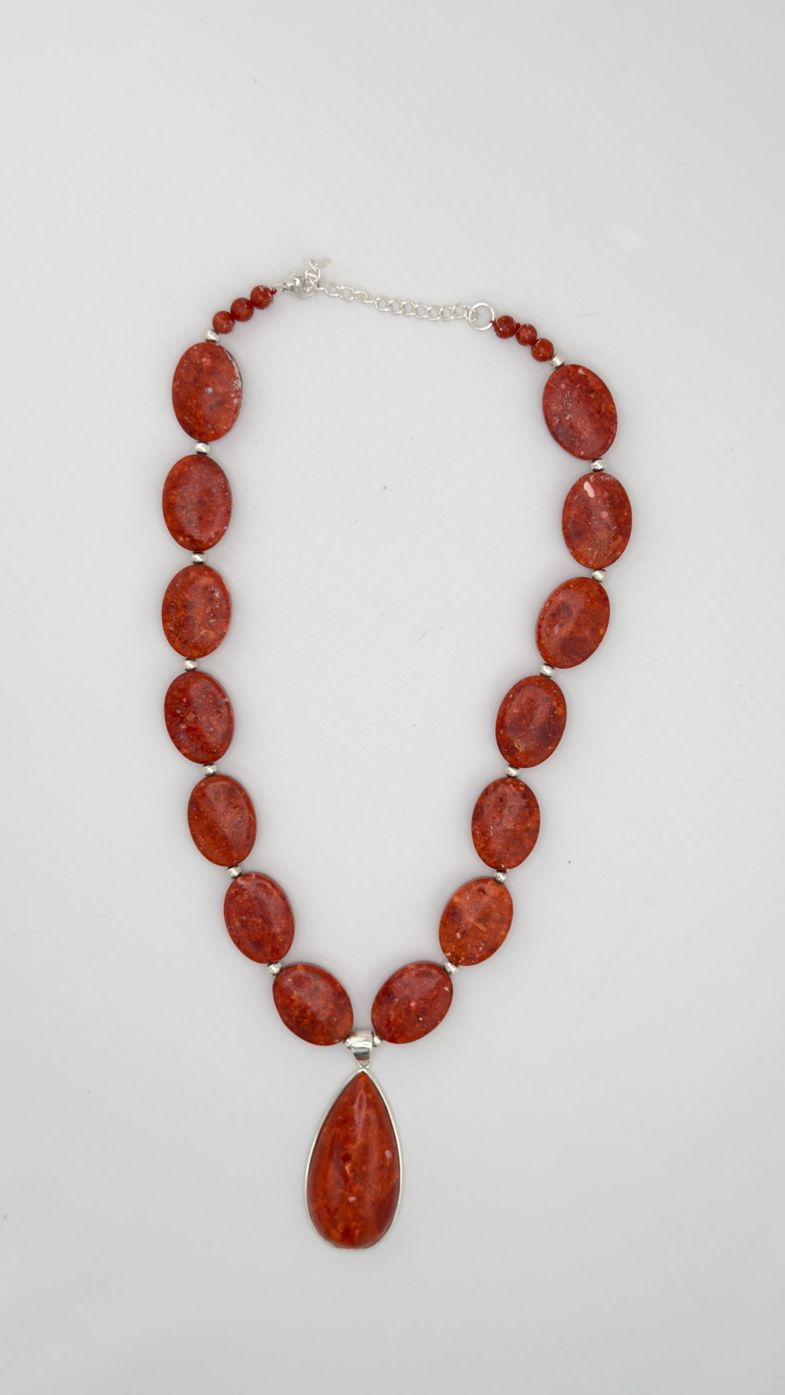 925 Sterling Silver LUC Sign Lucas Lameth Red Coral Pendant and Disk Shape Bead Necklace: 925 sterling silver Lucas Lameth red coral teardrop shape pendant and disk shape bead necklace.70.2 grams