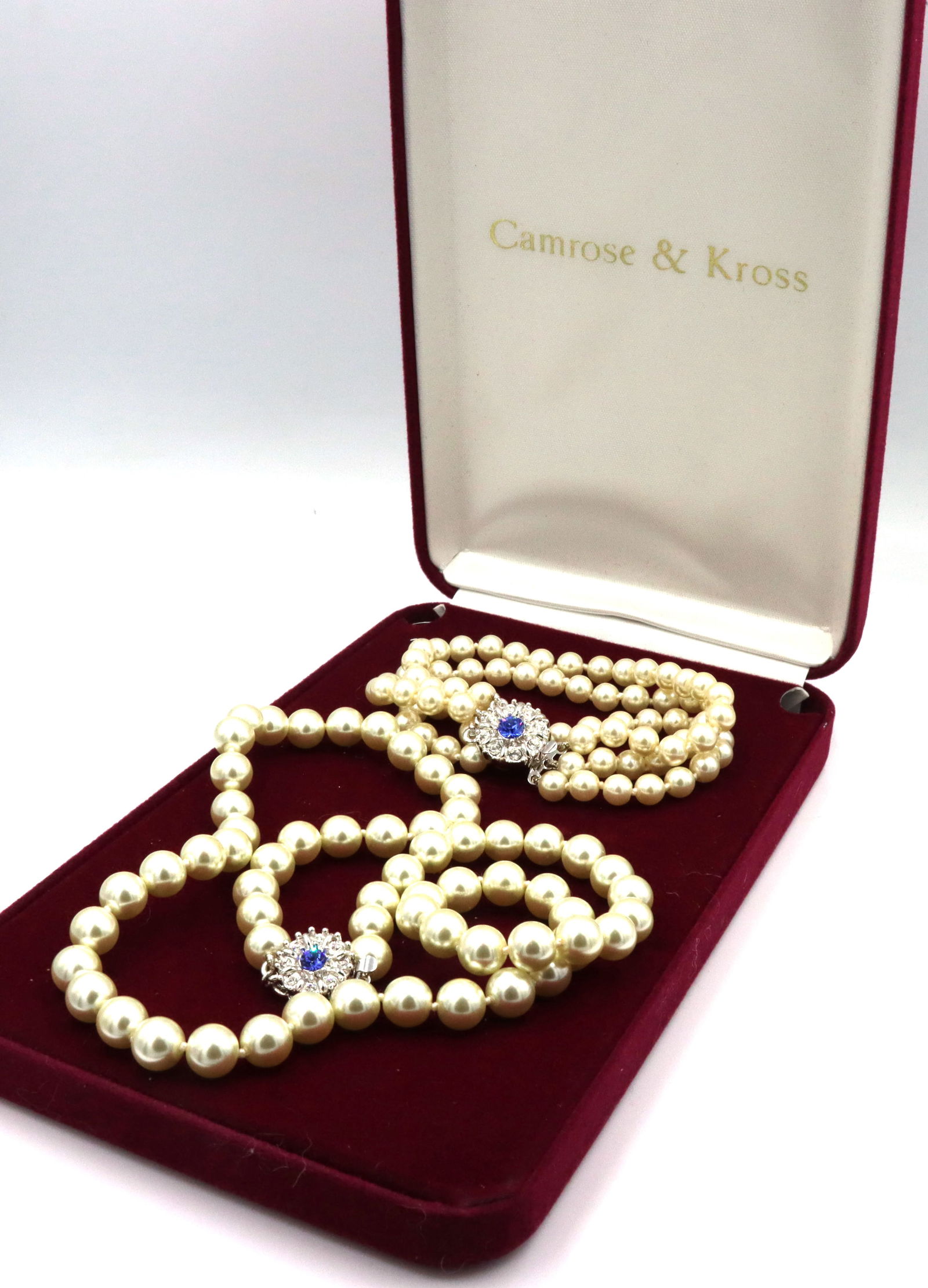 Camrose & Kross JBK faux pearl and blue Swarovski crystal necklace and matching bracelet: Camrose & Kross JBK faux pearl and blue Swarovski crystal 20-inch necklace and matching 7-inch 3 row bracelet. Comes with box.
