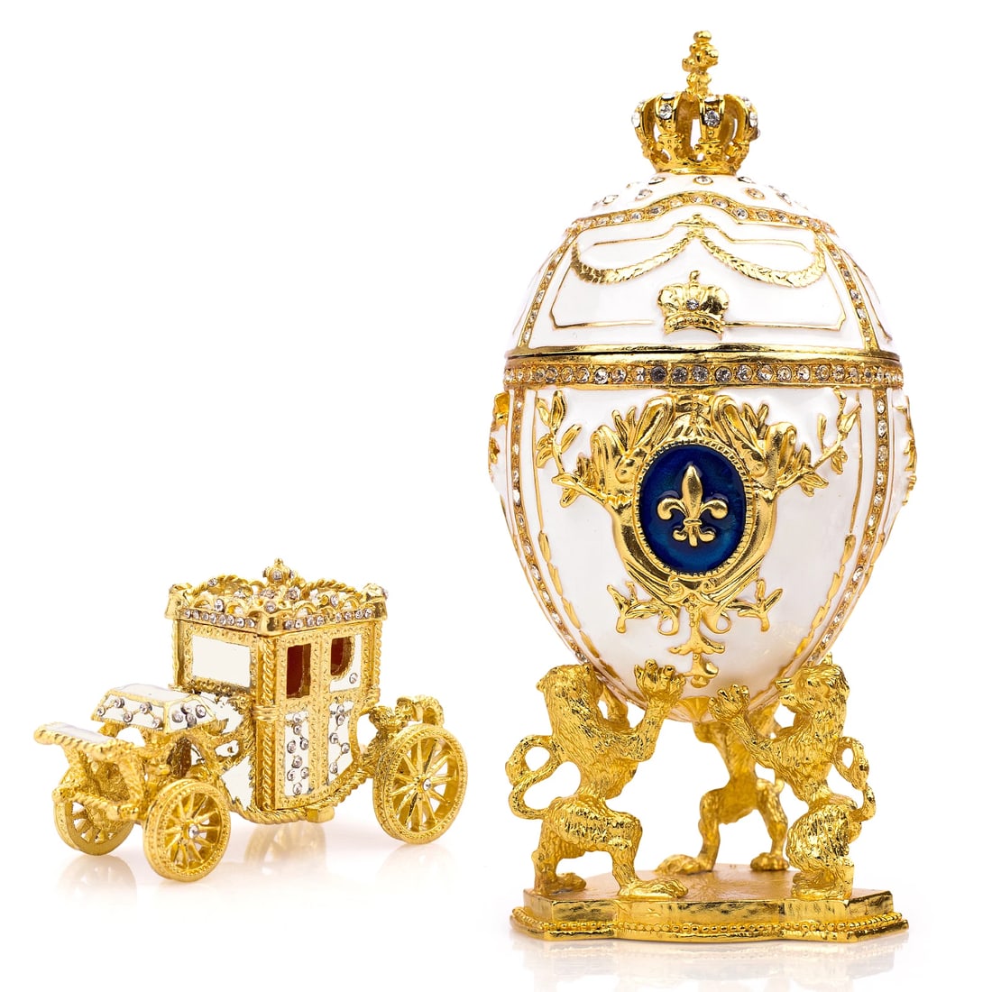 Royal Imperial White Russian Fabergé Egg Replica with White Carriage: Bring timeless elegance and imperial charm to your collection with this Royal Imperial White Russian Fabergé Egg Replica, inspired by the exquisite craftsmanship of the Victorian era. Designed in