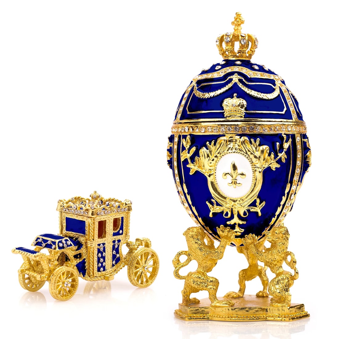 Royal Imperial Blue Russian Fabergé Egg Replica with Blue Carriage: Bring timeless elegance and imperial charm to your collection with this Royal Imperial Blue Russian Fabergé Egg Replica, inspired by the exquisite craftsmanship of the Victorian era. Designed in