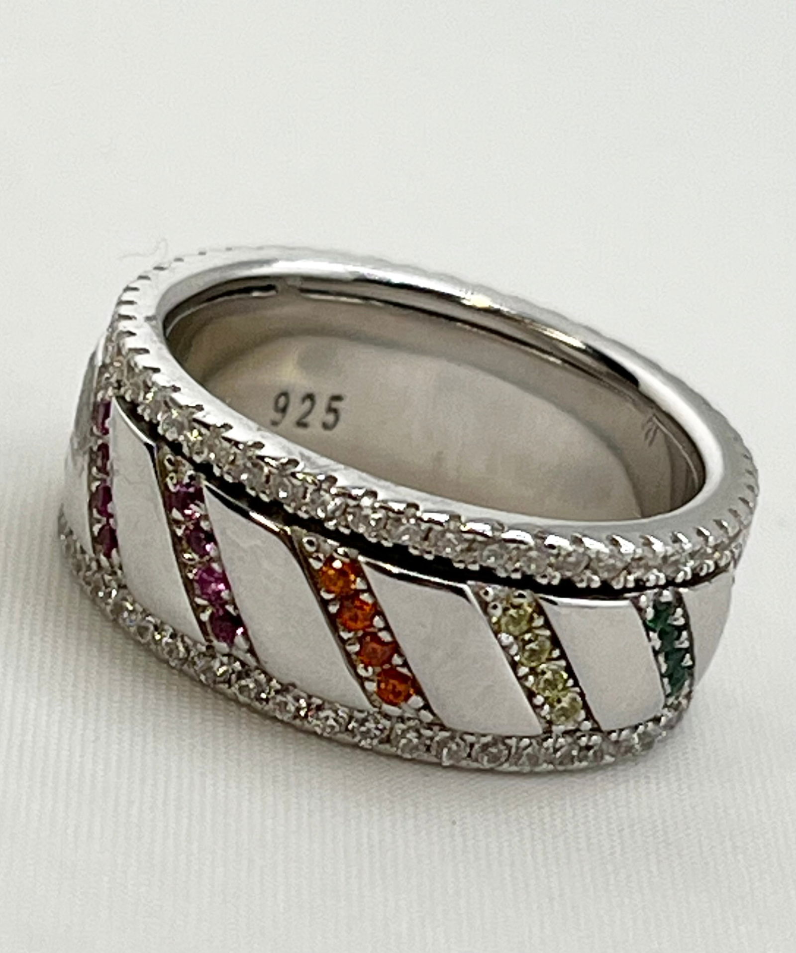 925 Sterling Silver Spinning Multi Color Stones In Rainbow Design Band (1 of 6)