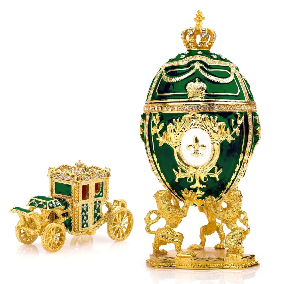 Royal Imperial Green Russian Fabergé Egg Replica with Green Carriage: Bring timeless elegance and imperial charm to your collection with this Royal Imperial Green Russian Fabergé Egg Replica, inspired by the exquisite craftsmanship of the Victorian era. Designed in