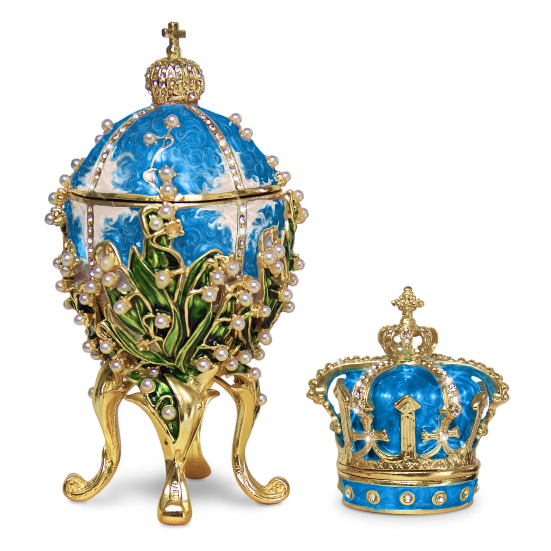 Blue Lilies of the Valley Easter Egg Replica – Extra Large with Crown: Celebrate timeless elegance with this exquisite Blue Lilies of the Valley Easter Egg Replica, a stunning piece inspired by Victorian artistry. Perfect for collectors, gift-giving, or as a decorative
