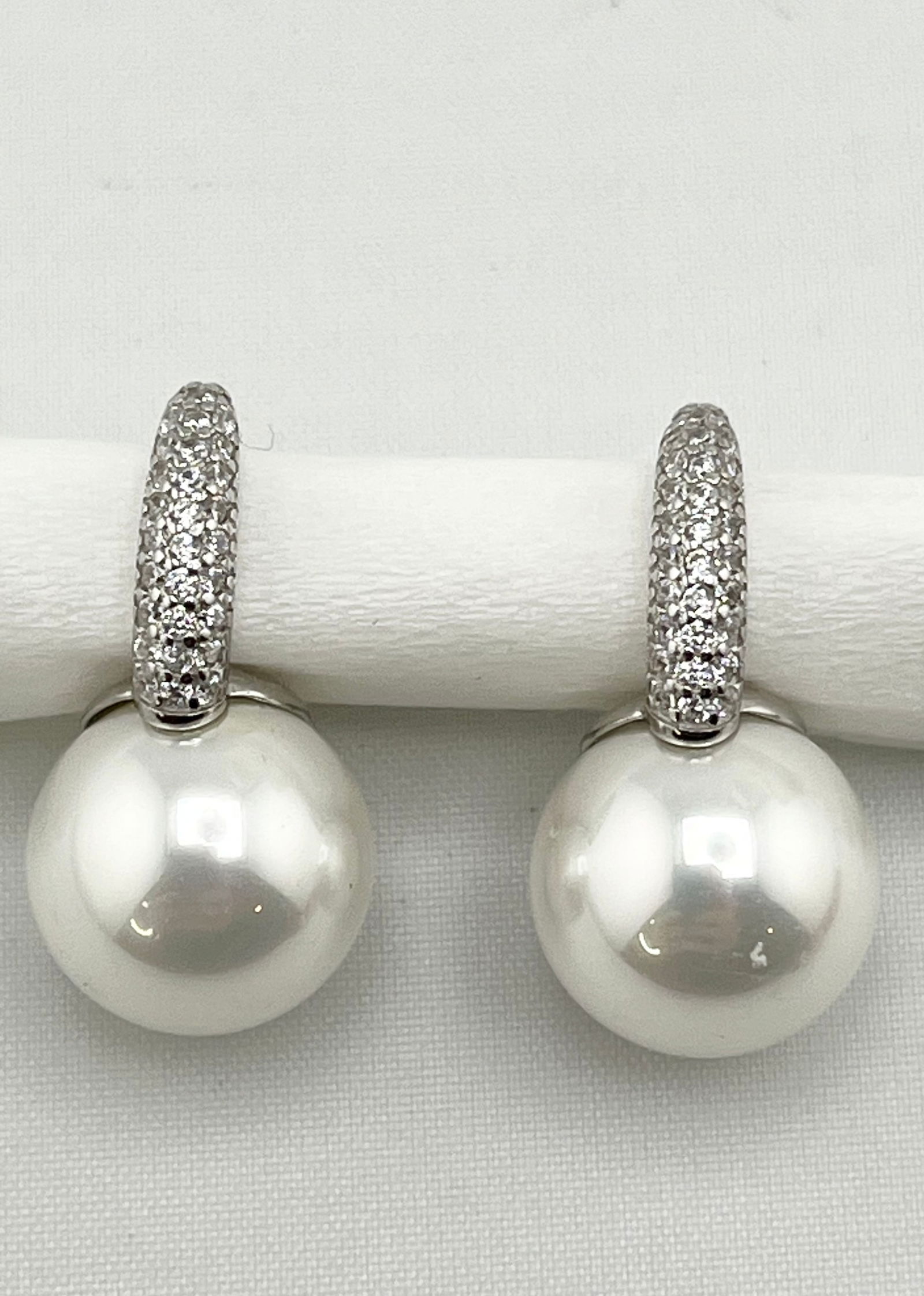 925 Sterling Silver White Pearl And CZ Huggie Hoop Drop Earrings (1 of 6)
