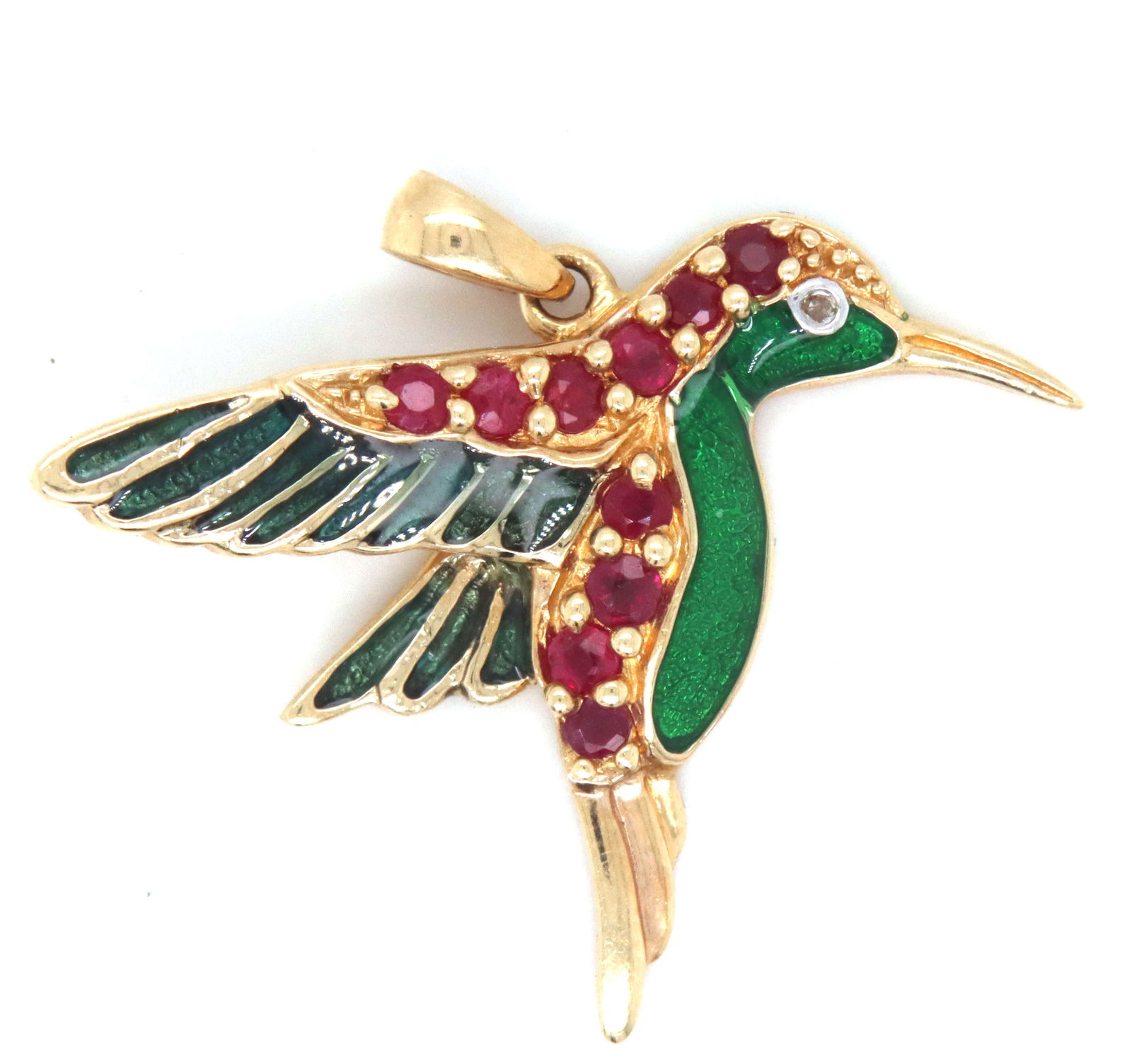 14kt Yellow gold ruby and enamel bird pendant (1 of 3)