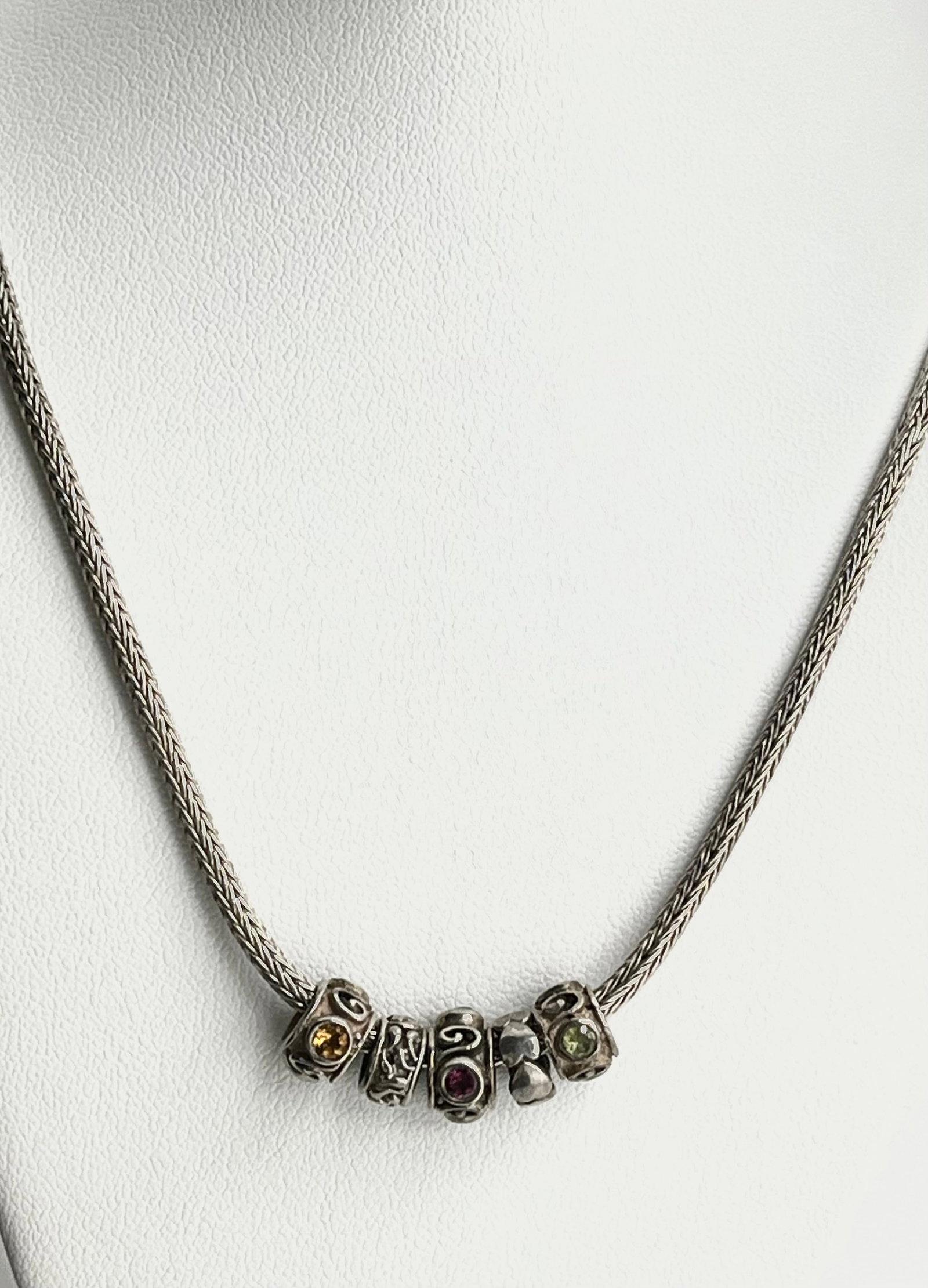 925 Sterling Silver Samuel B Braided Chain With Gemstone Charm Beads Necklace: 925 Sterling Silver Samuel B Braided With Gemstone Charm Beads Necklace. 22.4 grams. 19 inches