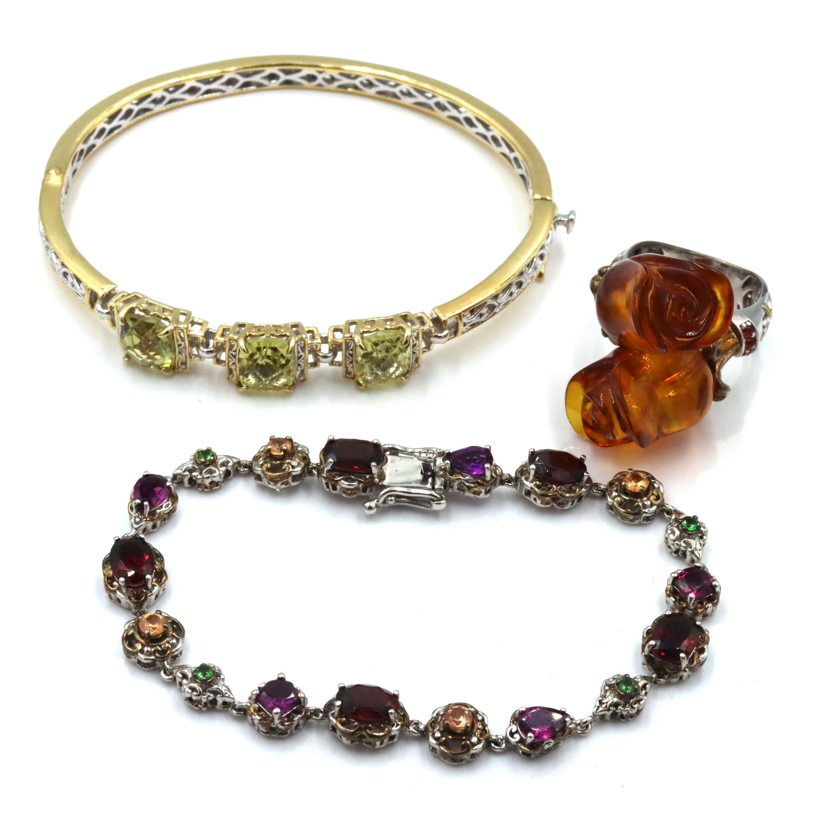 925 Sterling silver amber flower style ring, bangle and bracelet (1 of 9)